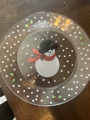 Glass Holiday Plate Snowman Design by Arcoroc France 8" CM - Image 1