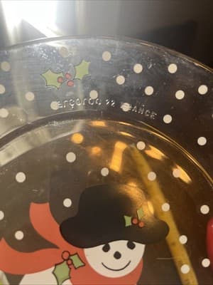 Glass Holiday Plate Snowman Design by Arcoroc France 8" CM - Thumbnail 2