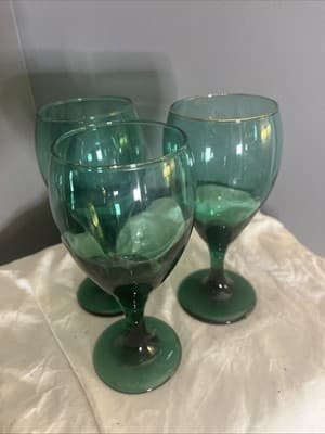 Vintage Green Glass Goblets Set of 3 - Thumbnail 2