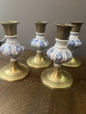 Vintage Pair Jehvani Brass And Porcelain taper candle holder. 5 inch Set Of 4 - Image 1