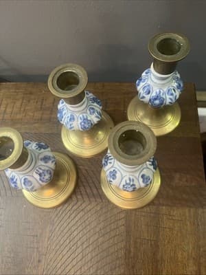 Vintage Pair Jehvani Brass And Porcelain taper candle holder. 5 inch Set Of 4 - Thumbnail 3