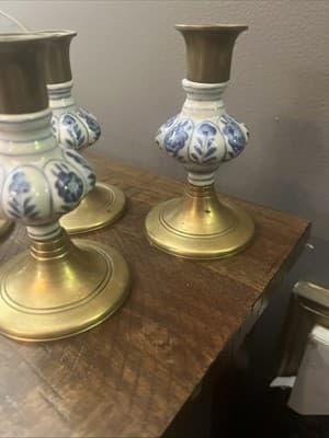 Vintage Pair Jehvani Brass And Porcelain taper candle holder. 5 inch Set Of 4 - Thumbnail 5