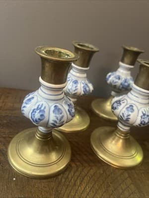 Vintage Pair Jehvani Brass And Porcelain taper candle holder. 5 inch Set Of 4 - Thumbnail 4