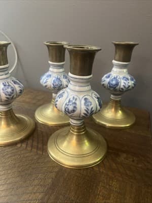 Vintage Pair Jehvani Brass And Porcelain taper candle holder. 5 inch Set Of 4 - Thumbnail 2