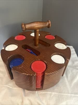 vintage wooden poker chip holder With Over 1000 Red, White And Blue Trips - Image 1