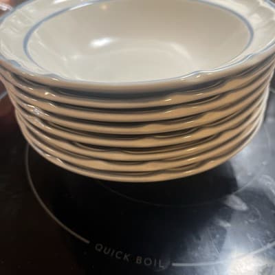 Cordella Bluet Cereal Bowls 6 7/8" Stoneware Blue Trim Scalloped Floral Set 8 - Image 1