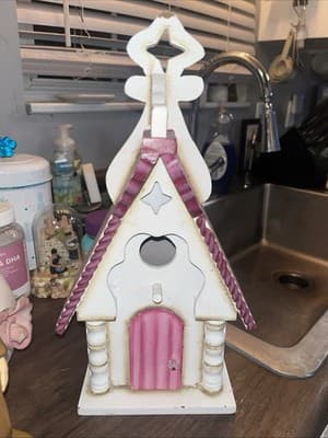 Beautiful Bird House 15" Tall Weathered Look Pink And White - Image 1