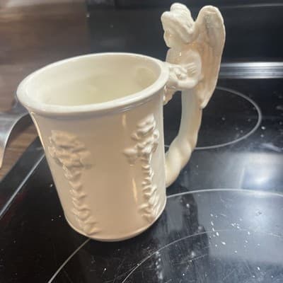 Vintage 1994 McConnell Talus Corp White Angel Handle Lily Motif Coffee Mug Cup - Thumbnail 3