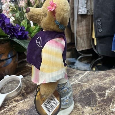 Vintage Brass Button Teddy Bear IVY 1960s w/ Stand Tags Hippie Flower Child - Thumbnail 3