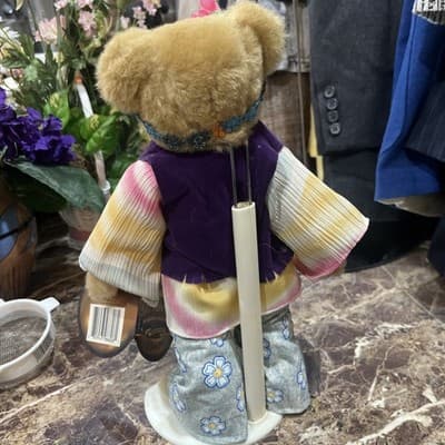 Vintage Brass Button Teddy Bear IVY 1960s w/ Stand Tags Hippie Flower Child - Thumbnail 4