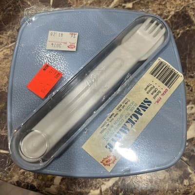 Snackmate 5" Sq Plastic Container SlideTop Compartment Spoon & Fork W/Purple Lid - Image 1