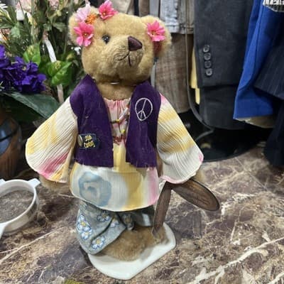 Vintage Brass Button Teddy Bear IVY 1960s w/ Stand Tags Hippie Flower Child - Image 1