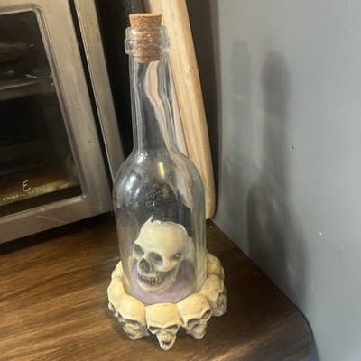 Skull With Raven Inside Glass Bottle With Cork & Skulls Around Bottom Needs Batt - Thumbnail 2