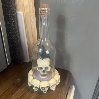 Skull With Raven Inside Glass Bottle With Cork & Skulls Around Bottom Needs Batt - Image 1