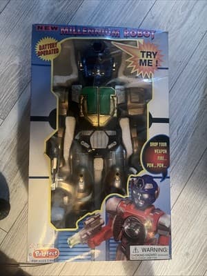 Polyfect Vintage Millennium Robot, 16” Tall. Works. Missing Gun And Blade