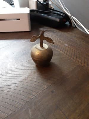 Vintage MidCentury Solid Brass Apple Bell, Stem & Leaf Handle, Original Brass... - Image 1