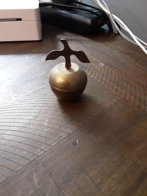 Vintage MidCentury Solid Brass Apple Bell, Stem & Leaf Handle, Original Brass... - Thumbnail 2