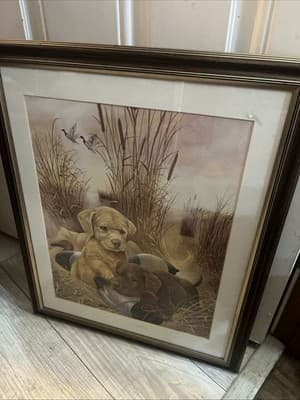 Lab Puppies Duck Hunting print, Deluxe Mat and solid Oak Frame, 18.5" x 22.5" - Image 1