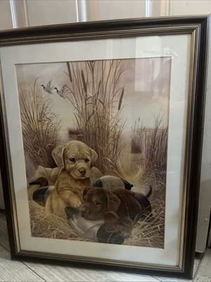 Lab Puppies Duck Hunting print, Deluxe Mat and solid Oak Frame, 18.5" x 22.5" - Thumbnail 2