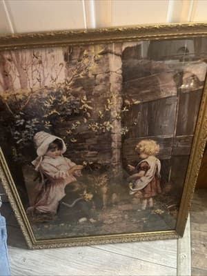 Gold Fram Canvas With A Dog And Children - Image 1