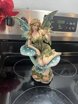 Fairie Glitter Blue Wings on Mushroom Toadstool Poly Resin Statue Figurine Fairy - Image 1
