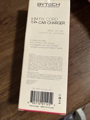 Bytech Micro USB Phone Tablet Car Charger 2.4 Amp Fix Cord 5 Ft Cable NEW - Thumbnail 3
