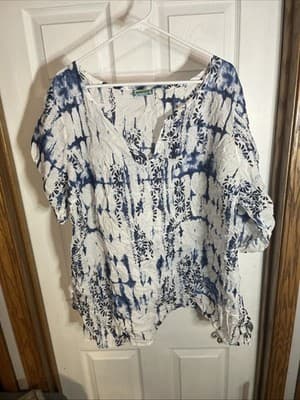 Avenue Womens White Blouse 3xl With Blue Tie Dye Pattern V Neck