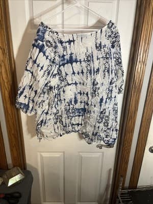 Avenue Womens White Blouse 3xl With Blue Tie Dye Pattern V Neck - Thumbnail 4