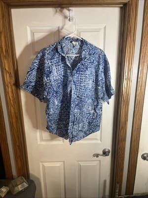 Womens 3xl Blue Sea Patterned Blouse Ms. Caribou With White Blend Cotton/poly - Image 1
