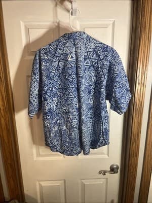 Womens 3xl Blue Sea Patterned Blouse Ms. Caribou With White Blend Cotton/poly - Thumbnail 3