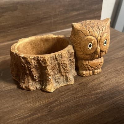 Vintage Owl And Tree Stump Faux Wood Brown Planter CAP 1981 Home Decor - Image 1