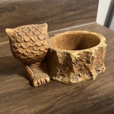 Vintage Owl And Tree Stump Faux Wood Brown Planter CAP 1981 Home Decor - Thumbnail 3