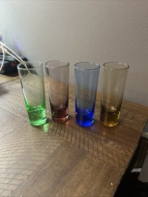 Vintage MCM Hand Blown 4 Multi Colored Shot Glasses purple yellow green blue