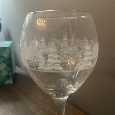 Vintage Gold Trim Libbey Glass Frosted Winter Wine Goblet - Thumbnail 3