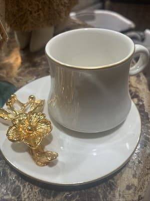 New Vintage Set Teacup and Saucer Raised Gold 3D Floral On Saucer White Handle - Image 1
