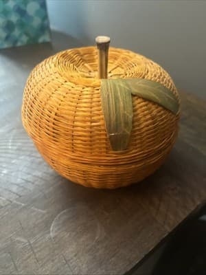 Vintage Pumpkin Wicker Woven Basket With Lid Wooden Stem 5" Tall - Image 1
