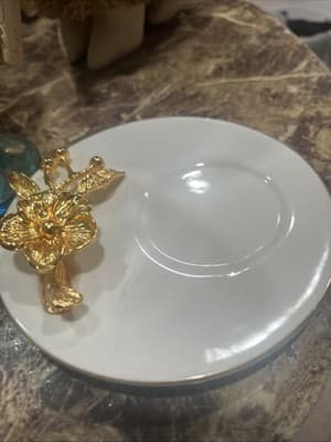 New Vintage Set Teacup and Saucer Raised Gold 3D Floral On Saucer White Handle - Thumbnail 2