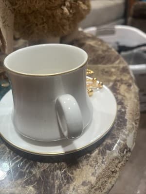 New Vintage Set Teacup and Saucer Raised Gold 3D Floral On Saucer White Handle - Thumbnail 4