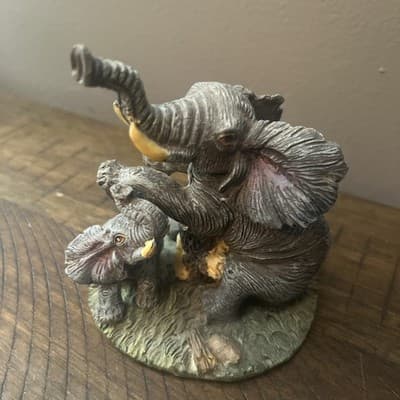 Vintage Epoxy Mother And Baby African Elephant 4" Tall 3.25" Wide - Image 1