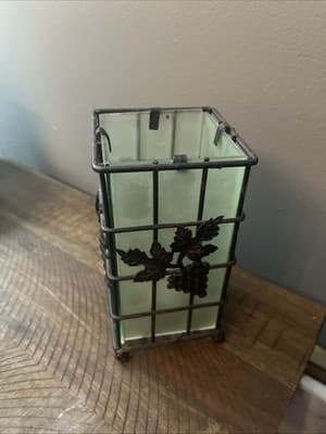 Wrought Iron and Frosted Glass Panels Tealight Candle Holder-Grape & Vine-EUC - Image 1