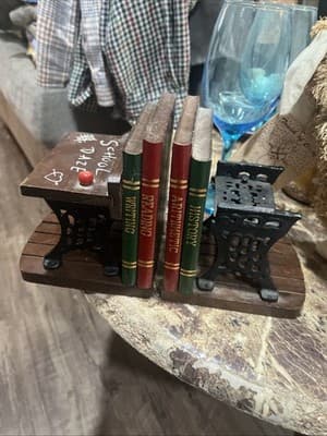Vintage Enesco 'School Daze' Wooden and Cast Iron School desk & books Bookends - Image 1