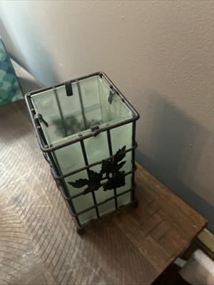 Wrought Iron and Frosted Glass Panels Tealight Candle Holder-Grape & Vine-EUC - Thumbnail 3