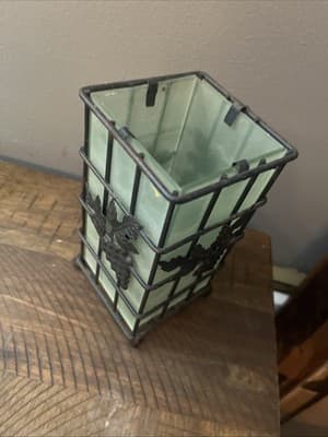 Wrought Iron and Frosted Glass Panels Tealight Candle Holder-Grape & Vine-EUC - Thumbnail 2