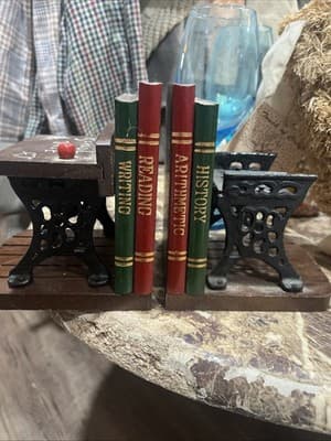 Vintage Enesco 'School Daze' Wooden and Cast Iron School desk & books Bookends - Thumbnail 2