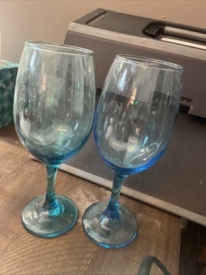 Set of 2 Teal Blue 12 oz Stemmed Wine Glasses Water Goblets - Thumbnail 2