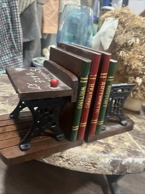 Vintage Enesco 'School Daze' Wooden and Cast Iron School desk & books Bookends - Thumbnail 3