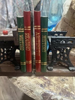 Vintage Enesco 'School Daze' Wooden and Cast Iron School desk & books Bookends - Thumbnail 5