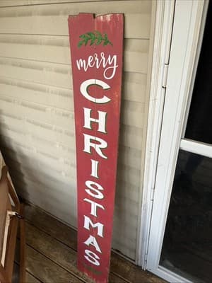 Vintage Merry Christmas Red Wood Outdoor Decor Vertical 60” Sign - Image 1