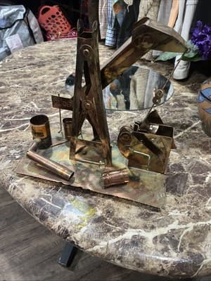 Vintage Oil Derrick Metal Copper Plated Steel Wind Up Music Box Retro