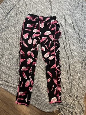 Small/medium Women’s Hot Pink Leaf And Black Leggings With Slits Up Sides Of Leg - Image 1